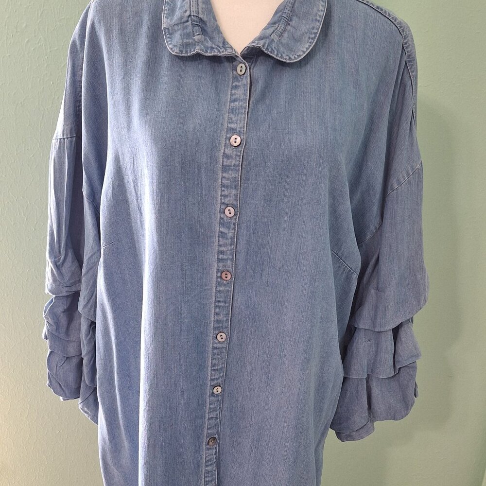John Mark Chambrey Tunic w/Ruffled sleeves. Sz L
